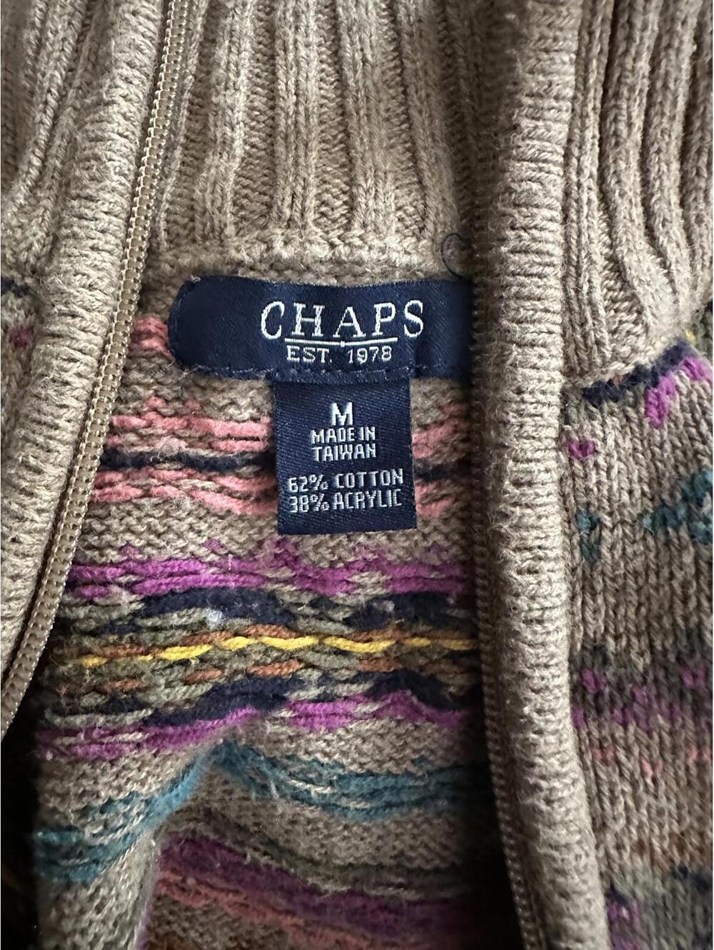 Chaps Cotton Blend Zip Cardigan Ribbed Sleeve Neutral Cottagecore Sweater - Picture 3 of 7